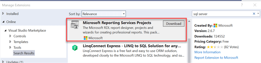 install visual studio extensions ssrs