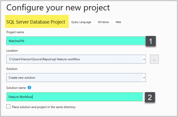 Configuring new database project