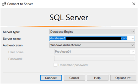 Logging into the RDS SQL Server instance with Windows authentication.