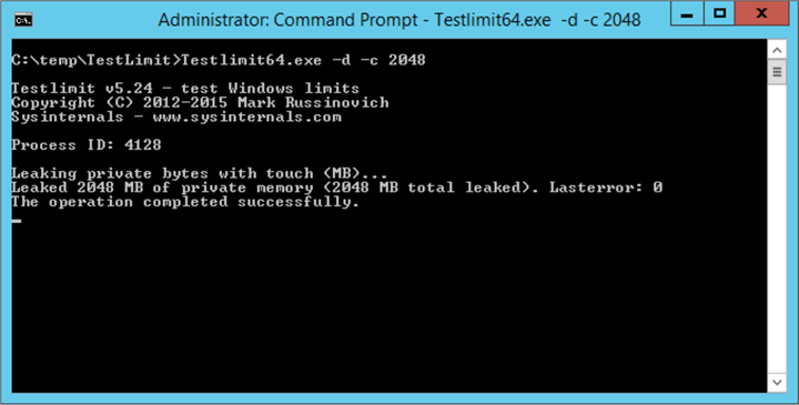 Simulate Memory Leak using Testlimi Launch a command prompt and run as Administrator. Then execute the command Testlimit64.exe -d -c 2048