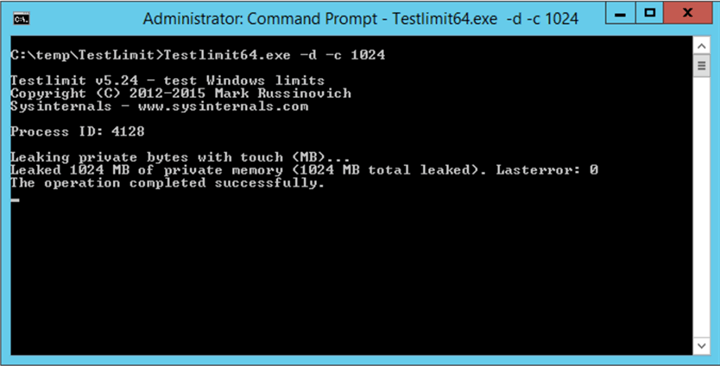 Simulate Memory Leak using Testlimit Launch a command prompt and run as Administrator. Then execute the command Testlimit64.exe -d -c 1024