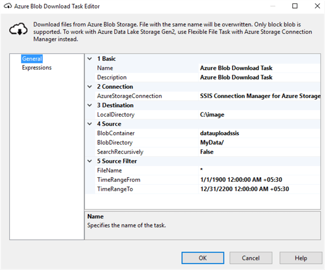 configuration for the Azure Blob Download task