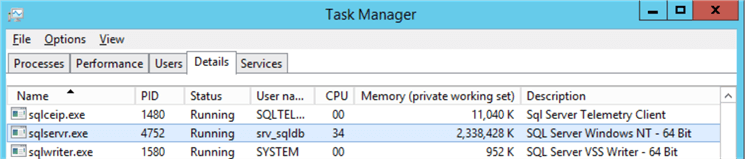 Task Manager without LPIM sqlservr.exe process shows the full SQL Server used memory which is 2.3 GB 