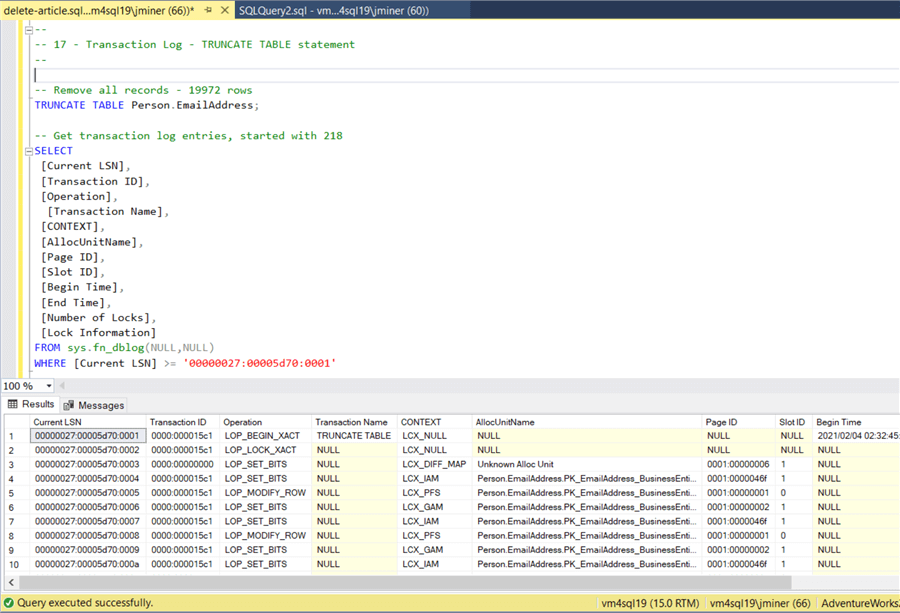 T-SQL DELETE Statement - Transaction Log entries from TRUNCATE TABLE statement.
