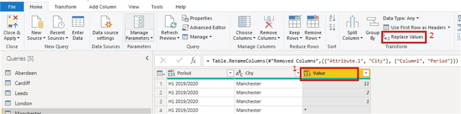 Snapshot showing how to replace values in a column in a table