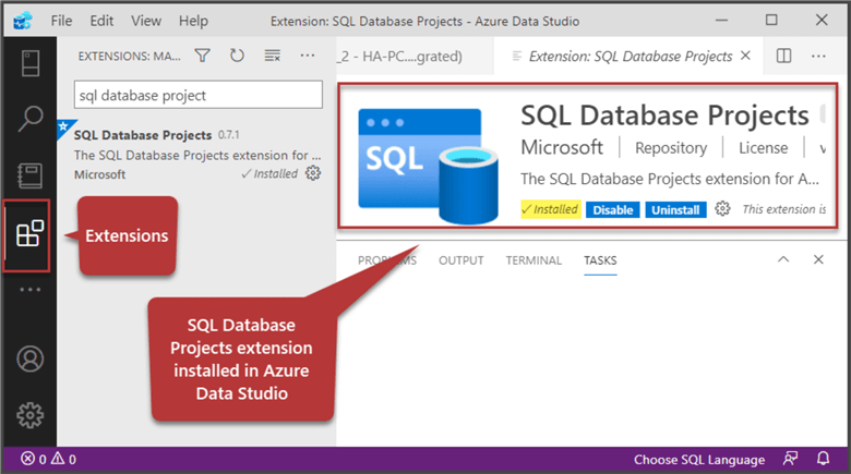 SQL Database Projects extension installed