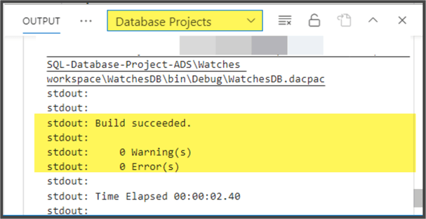 SQL Database Project successful Build
