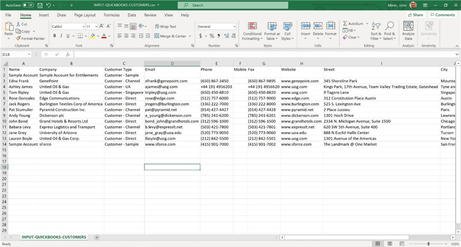 SSIS + CDATA Connectors - The excel file to create customers from the SalesForce data.