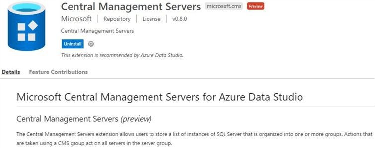 azure data studio extensions central management servers