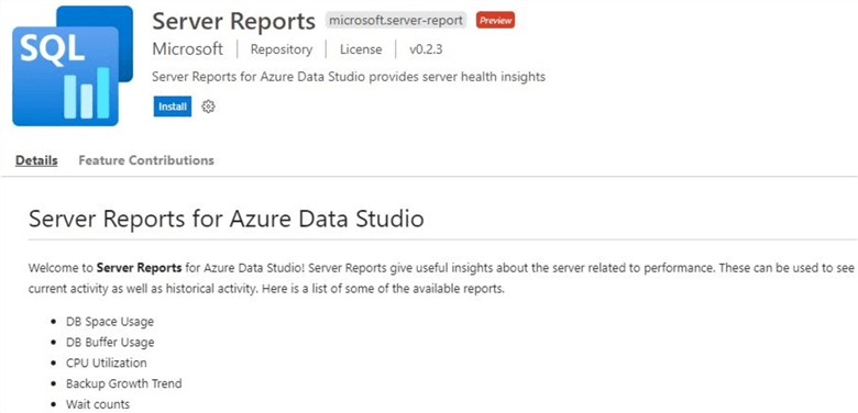 azure data studio extensions server reports
