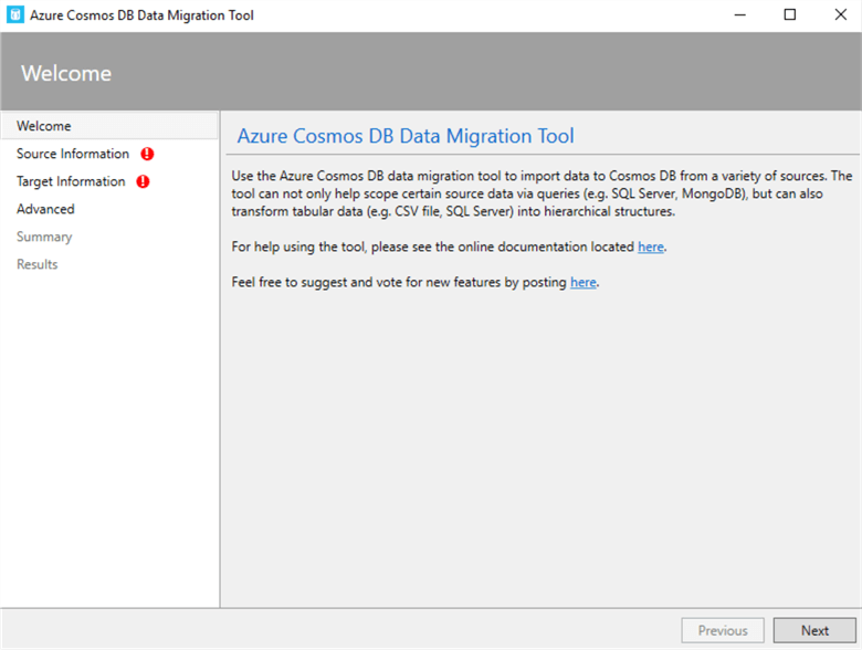 Azure Cosmos DB Data Migration tool welcome
