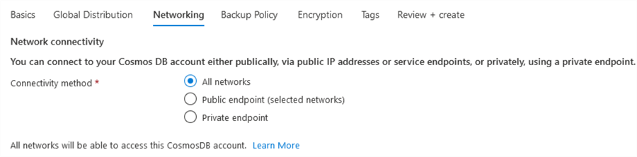 create azure cosmos db account networking