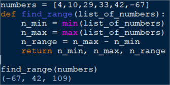 function for finding the min, max and range of a dataset