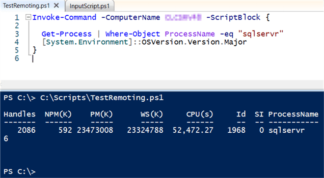 This PowerShell script execution happens on a target server that was blurred out in the screenshot.