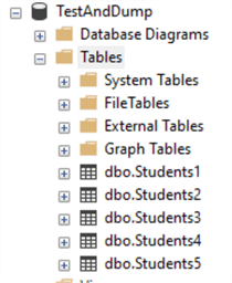 Screenshot of current tables in test database