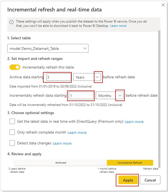 Image showing how to configure and apply an incremental refresh policy on a dataset in Power BI Desktop.