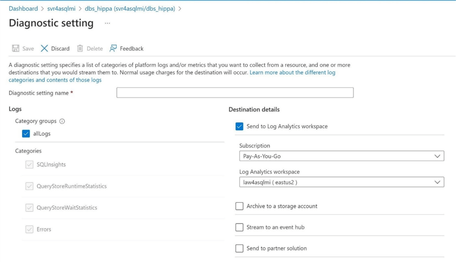 Enable Auditing - Azure SQL MI - Choose all logs to go to log analytics workspace for the database.