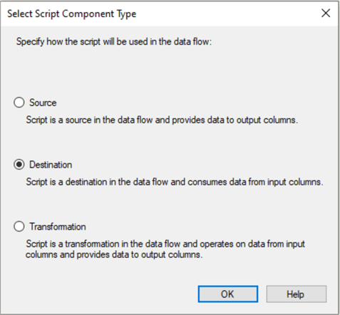 Configuring the Script Component as destination.