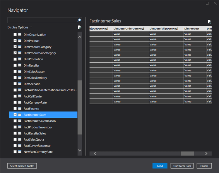 choose tables to import
