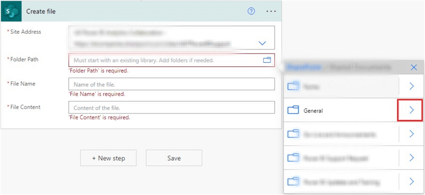 Adding a folder path to a create a file to SharePoint action 2