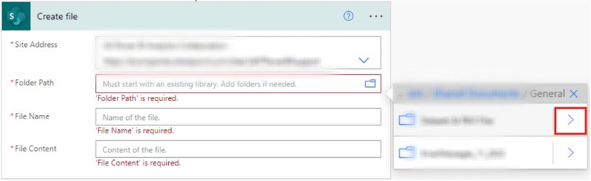 Adding a folder path to a create a file to SharePoint action 3
