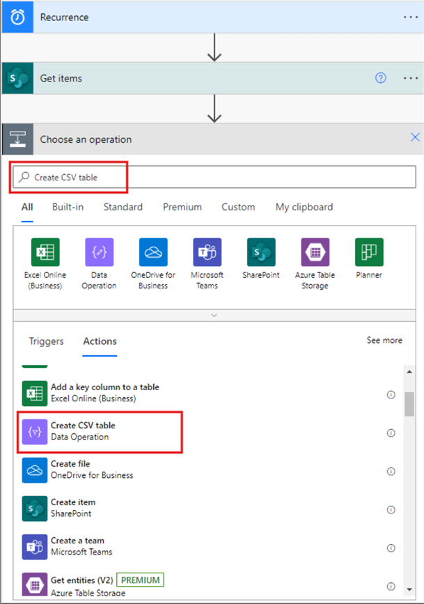 Create CSV table action operation in Power App