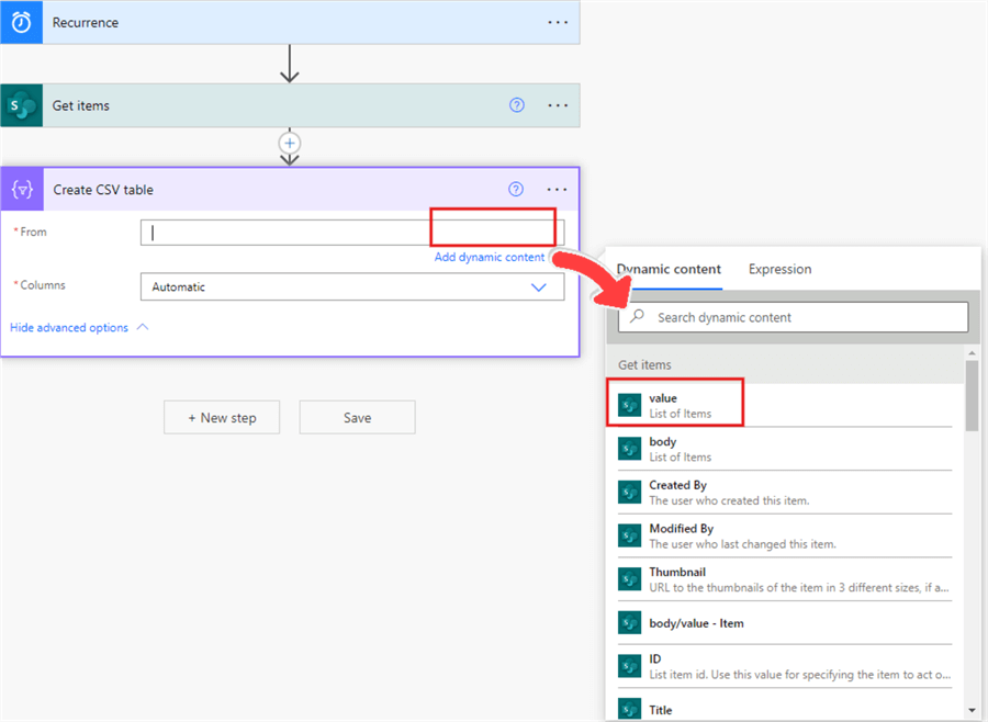 Configuring the Create CSV table action operation in Power App
