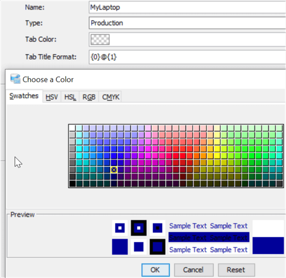 This is the tab format properties page for Aqua Data Studio.  The available color palette offers a full 16M colors when using an RGB value.