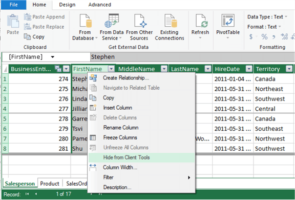 Figure 23 Hide columns from client tools