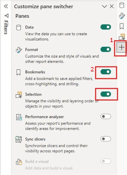 Image showing how to activate the bookmarks and selection panes in Power BI new UI