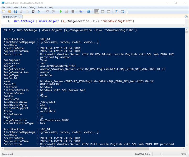 powershell command and results
