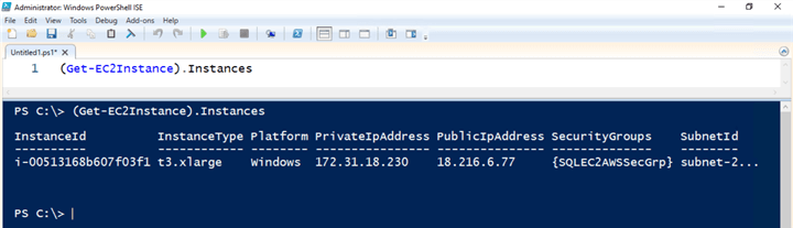 powershell command and results