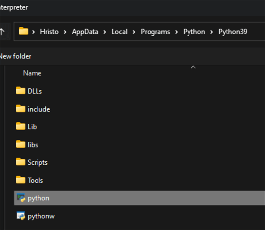 browse for python 3.9