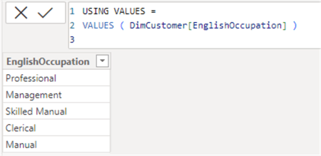VALUES DAX function