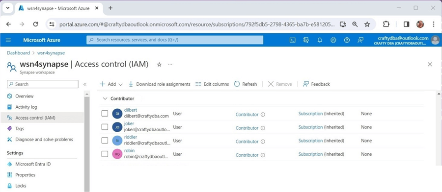 azure synapse serverless - lake database - IAM (Access Control) formally known as RBAC