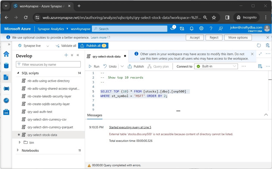 azure synapse serverless - lake database - this AD user does not have AD rights (IAM or ACL)
