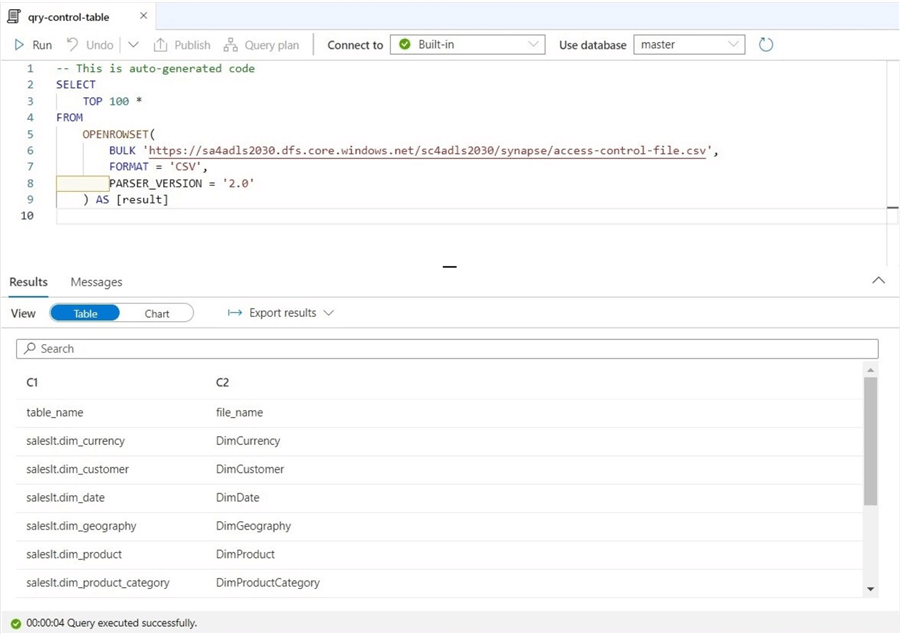 azure synapse serverless - lake database - view data in control table (csv) file