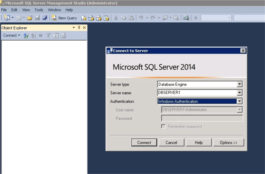 connect to server in SQL Server Management Studio