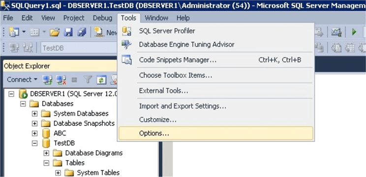 sql server options in SQL Server Management Studio