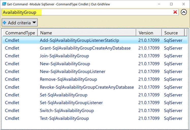 Exploring all SQL PowerShell cmdlets using Out-GridView