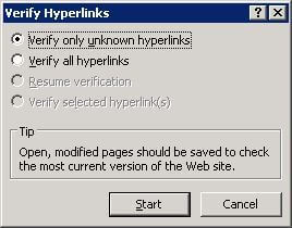 Verify hyperlinks dialog with options to verify unknown or all links