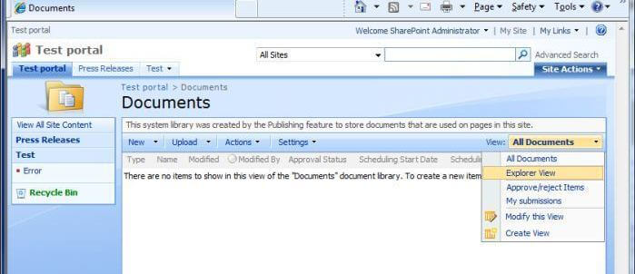2007 document library screenshot showing Views drop-down