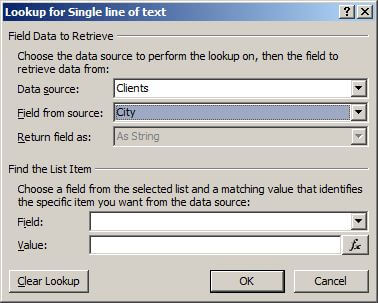 Lookup dialog with data source list and field selected