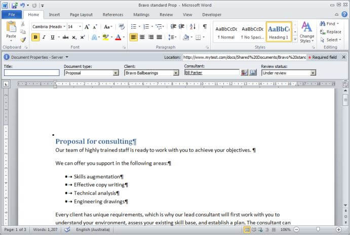 Word document showing document properties panel
