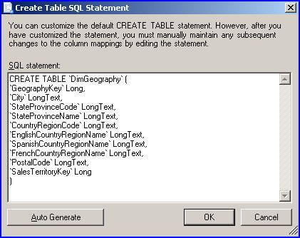 xport wizard create table sql