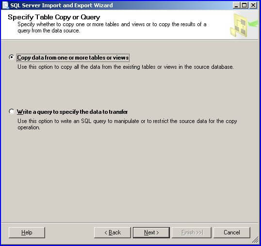 mport wizard specify tables or query