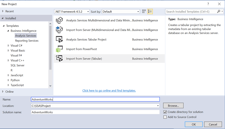 A New Project in the SQL Server Data Tools 