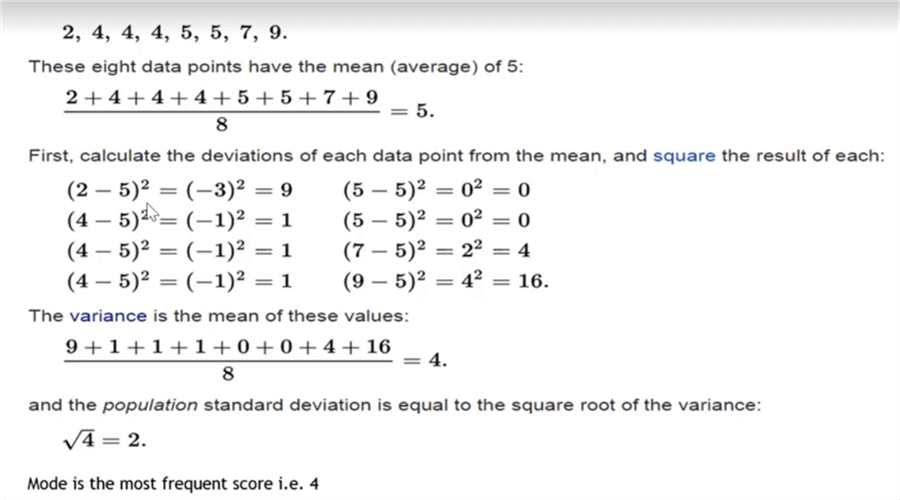 Sample Calculations including Mean, Deviations, Variance, Population and Mode