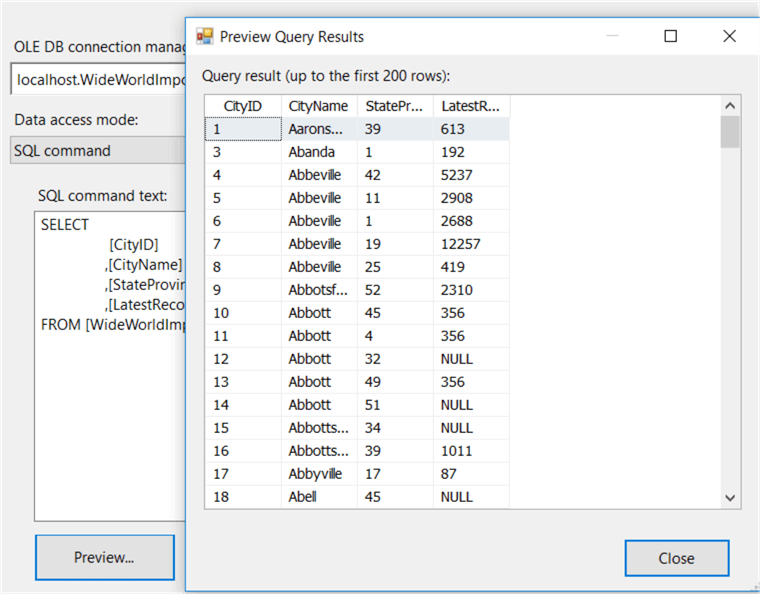 preview data from the OLE DB Connection Manager in SSIS