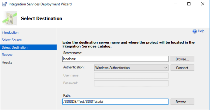 Select destination in Integration Services Deployment Wizard